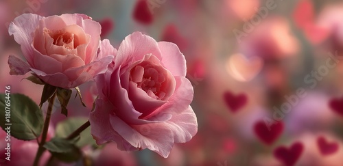 Beautiful Pink Roses With Heart Shapes in the Background Create a Romantic At...