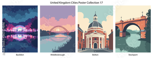 Basildon, Middlesbrough, Bolton, Stockport Flat Vector Poster Collection