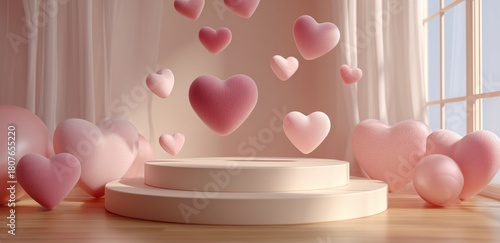 Colorful Hearts Floating Above a Display Platform in a Soft Pink Background S...