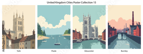 York, Poole, Gloucester, Burnley Flat Vector Poster Collection