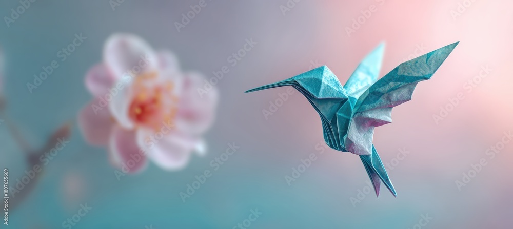 Fototapeta premium Origami Hummingbird Hovering Near Flower with Pastel Background