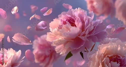 Beautiful Peonies in Soft Colors Floating Against a Pastel Background With De...