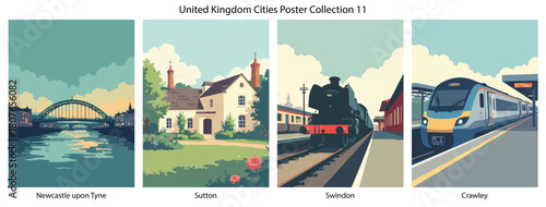 Newcastle upon Tyne, Sutton, Swindon, Crawley Flat Vector Poster Collection