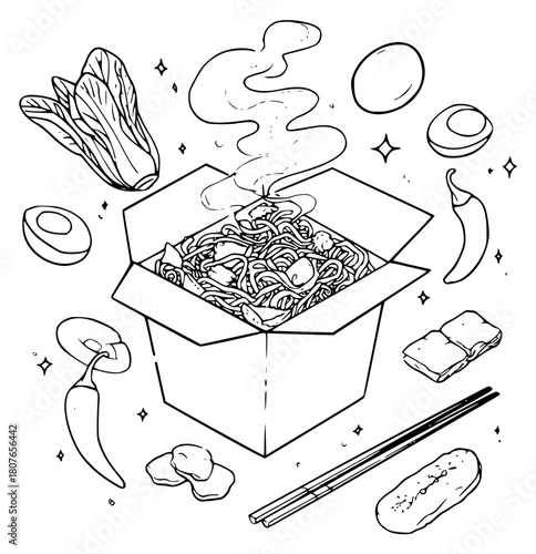 A box of noodles with ingredients