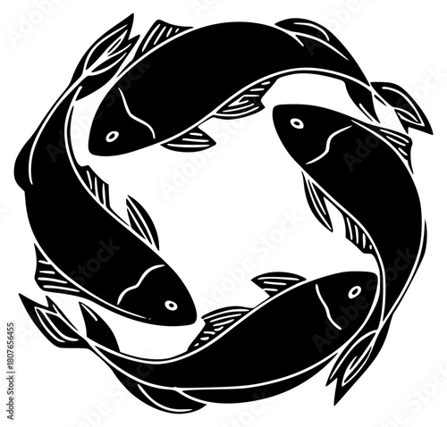 A circle of four fish swimming one after the other
