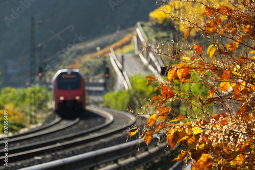Herbststimmung und herannahender Zug auf mehrgleisiger Strecke im Herbst - Stockfoto 