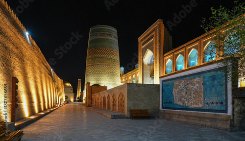 Mohammed Amin Khan Madrassah next to the Kalta Minor minaret at night in Ichan Kala, the Old City of Khiva, Uzbekistan, Central Asia