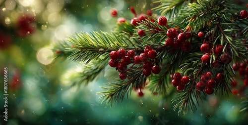 Holiday Decorations With Red Berries and Green Pine Branches in a Festive Set...