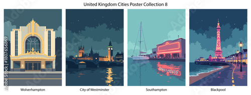 Wolverhampton, City of Westminster, Southampton, Blackpool Flat Vector Poster Collection
