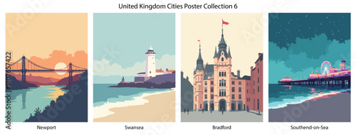 Newport, Swansea, Bradford, Southend-on-Sea Flat Vector Poster Collection