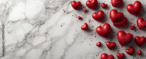 Red Heart Balloons Scattered on a Marble Surface for Special Occasions and Ce...