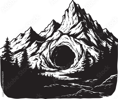 Mountain landscape with cave entrance graphic vector illustration monochrome design