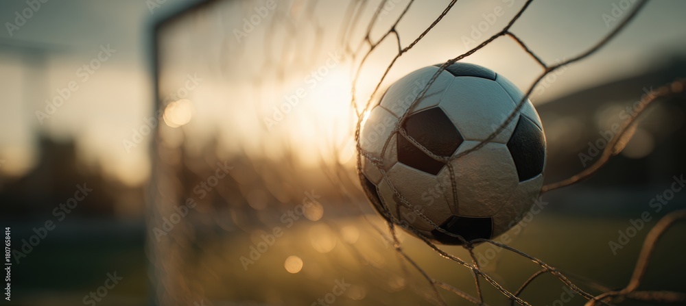 Naklejka premium Close-Up of Soccer Ball in Net with Sunlit Field Background