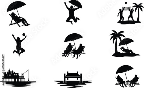 Beach vacation silhouettes showing relaxing chairs, umbrellas, palm trees, volleyball, fishing pier and joyful activities, perfect summer holiday vector design illustration