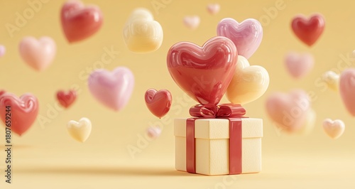 Heart-shaped Balloons Float Above a Gift Box Decorated With Ribbons and a Bow