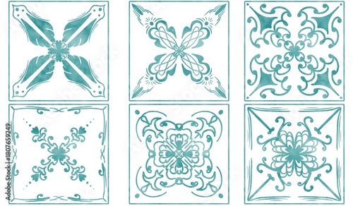six tiles with blue watercolor patterns	