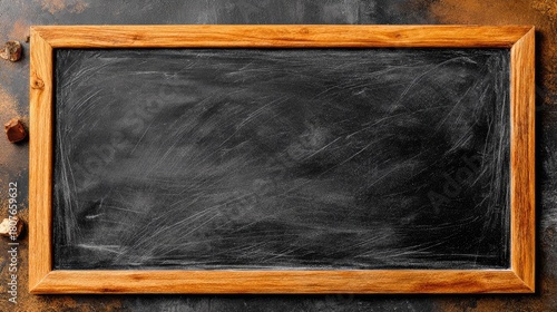 Rectangular wooden frame surrounds a textured, dark writing surface with erased chalk marks