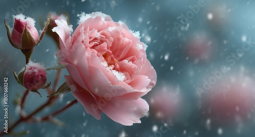 Pink Rose Covered in Snow During Winter, Surrounded by Soft Falling Snowflake...