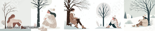 a woman leaning against a tree in winter
