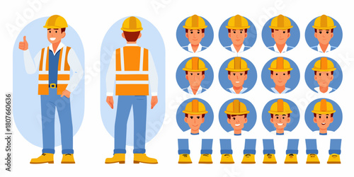 Construction worker character set for animation and design customizable builder