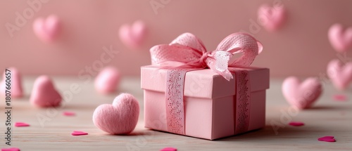 Bright Pink Gift Box Surrounded by Hearts for a Special Occasion