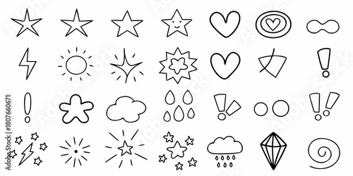 Hand drawn doodle set of various shapes and symbols in black outline
