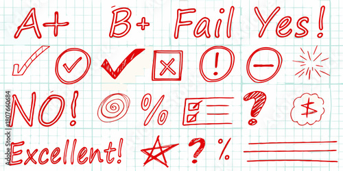 Hand drawn red marks and grades on grid paper