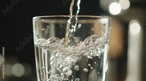 A glass being filled with clear water, showcasing bubbles and liquid movement.