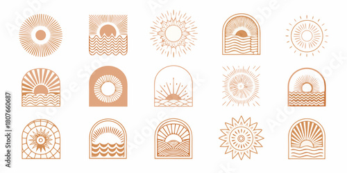 Collection of sun and wave graphic elements in boho style