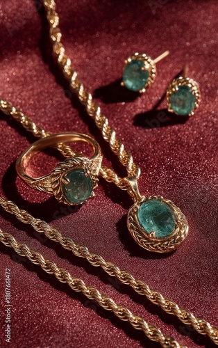 Elegant Gold Jewelry Set Featuring Stunning Green Gemstones on a Rich Burgund...