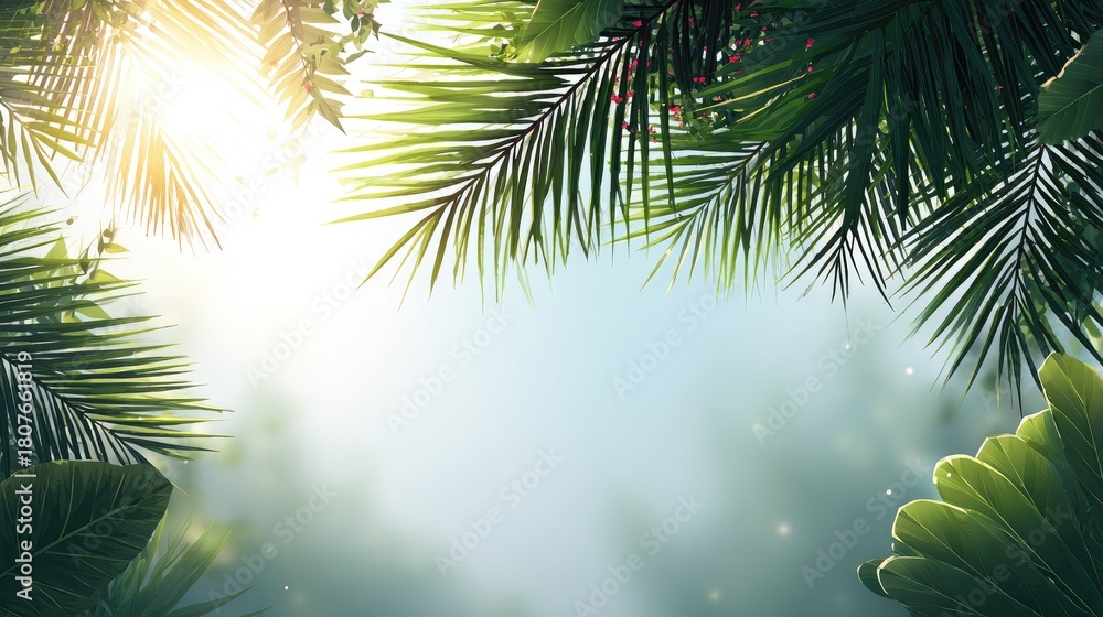 Fototapeta premium Bright sunlight streams through lush green tropical foliage creating a vibrant natural border