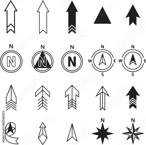 North Arrow CAD Symbols, Compass Direction Icons Vector Set for Architecture & Maps