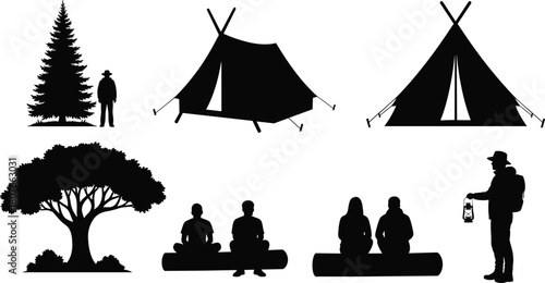 Collection of camping scene silhouettes showing tents, trees, campers sitting, lantern holder, and outdoor wilderness elements for nature travel adventure designs