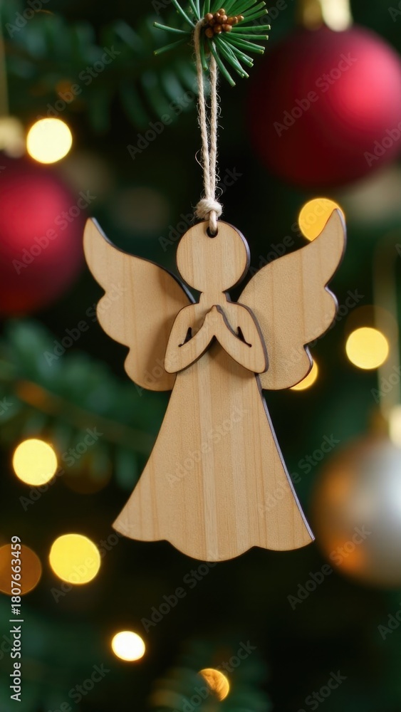 Obraz premium A wooden angel hangs from a decorated Christmas tree, perfect for holiday decorations and celebrations