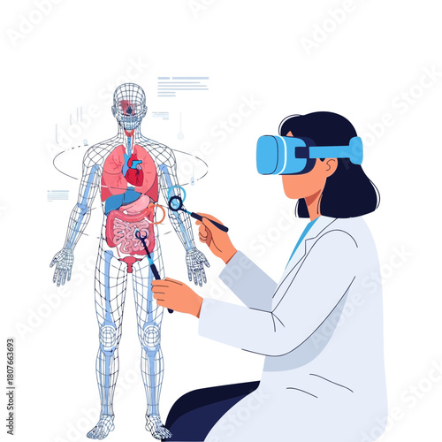 Doctor exploring human anatomy in VR vector illustration