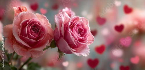 Beautiful Pink Roses With Heart Shapes in the Background Create a Romantic At...