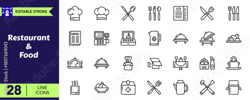 Restaurant and food line icons set, collection of culinary and dining editable stroke vector. Chef hat, menu, cutlery, stove, kettle, food platter, takeaway box, cooking pot outline signs
