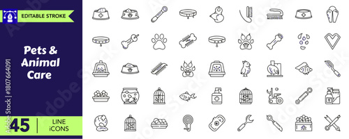 Pets and animal care line icons set, collection of veterinary and pet shop editable stroke vector. Pet food, water bowl, leash, collar, grooming brush, paw print, bird cage outline signs