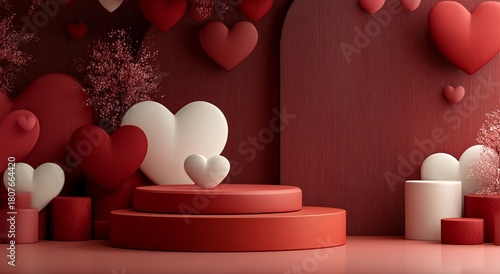 Colorful Heart Shapes in Various Sizes on a Red Background Suitable for Celeb...