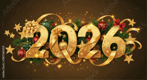 Golden twenty twenty six new year design with christmas ornaments and festive decorations around it