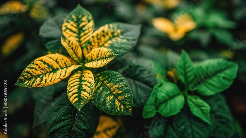 Vibrant foliage displays contrasting green and yellow variegation against a dark background