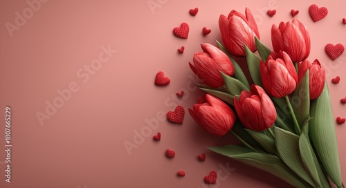 Colorful Pink Tulips Arranged on a Soft Pink Background With Heart-Shaped Dec...