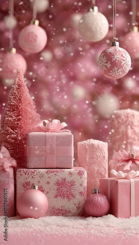Delicate Pink Christmas Tree Adorned With Ornaments and Gifts During Festive ...