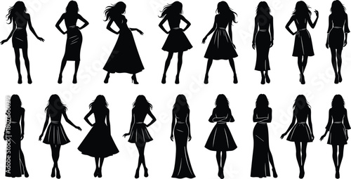 Women silhouette fashion, dress styles, female poses, black figure design, stylish outfit shapes, elegant clothing icons, flat vector illustration