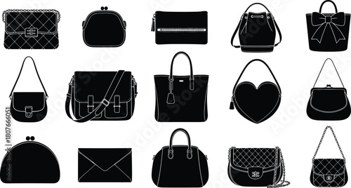 Handbag silhouette collection, fashion accessories, purse shapes, stylish bag icons, black design elements, retail catalog graphic, flat vector illustration