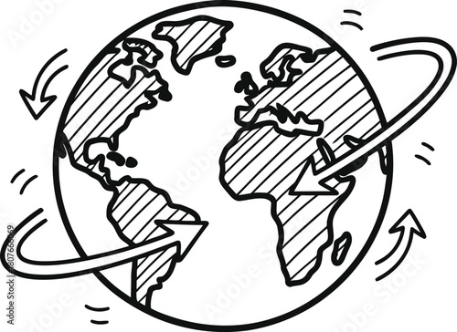 Doodle simple globe with small arrows circling icon, hand-drawn solid black on white, indicating international service, quick travel sketch.