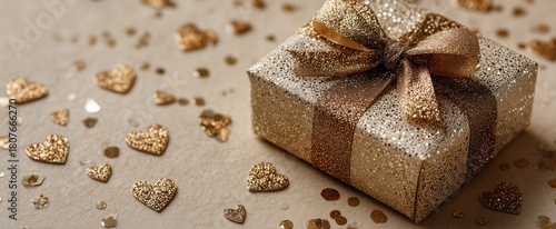Shimmering Gift Box Surrounded by Heart-Shaped Confetti on a Festive Table