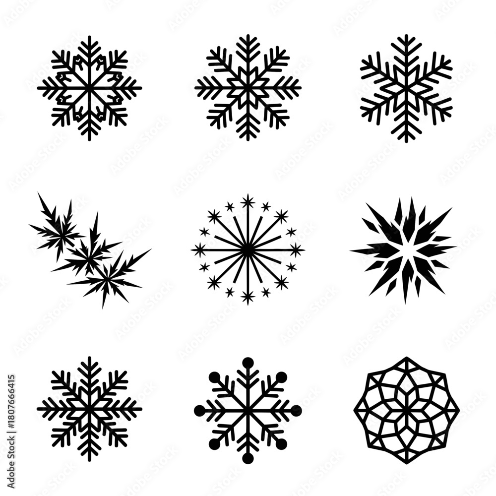 Obraz premium Set of snowflake icons in minimalist style, black color on white background