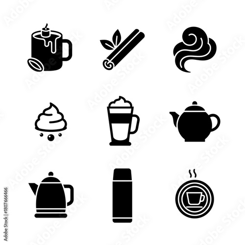 Coffee and tea icon set in minimalist style with black color scheme