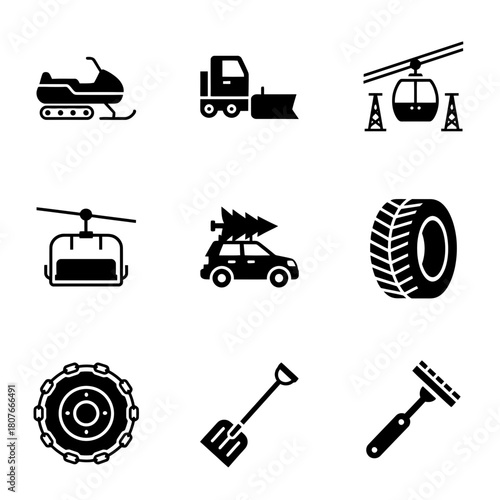 Icon set featuring winter vehicles and equipment in minimalist style